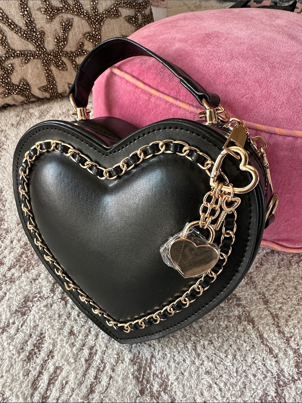 Heart Black Crossbody Bag Gold Chain Detail Top Handle Purse locket 🔑 chain